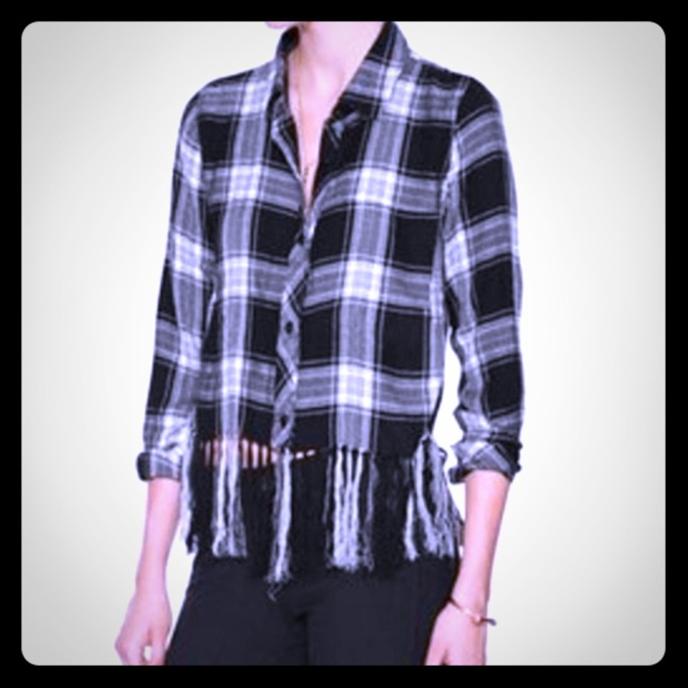 Rails Cropped Fringe Hem Plaid Long Sleeved Top